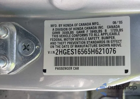 2005 Honda Civic Lx z USA, uszkodzony, nr VIN 2HGES16565H621076